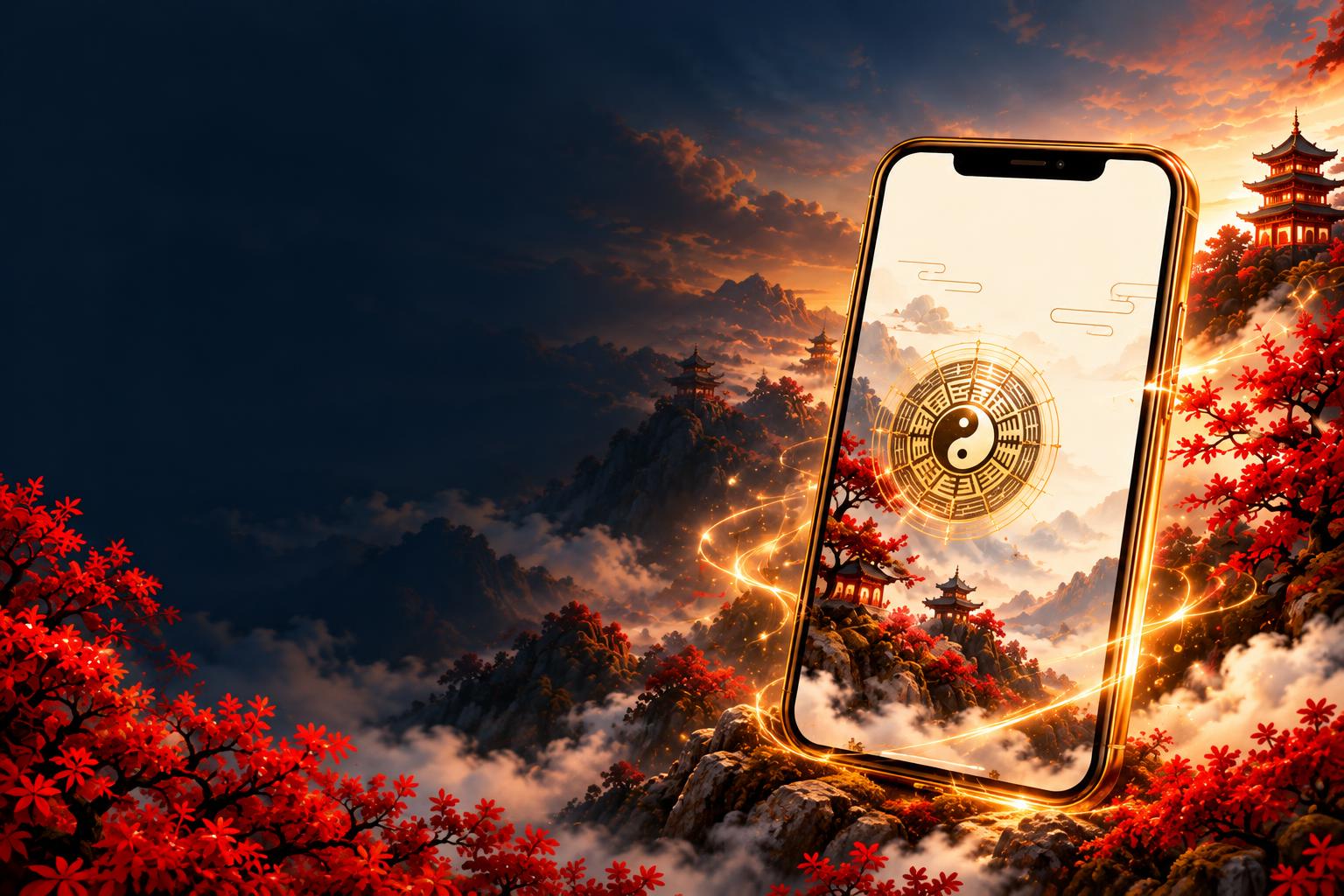 A golden phone showing a mobile number fortune report amid Chinese mountains
